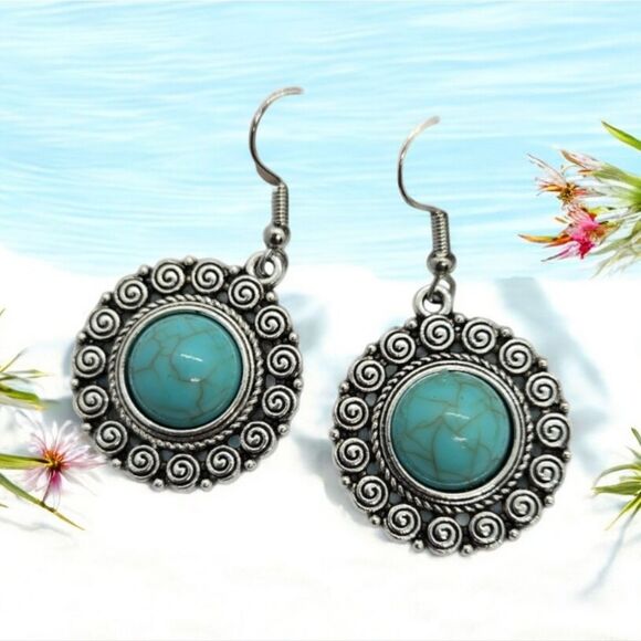 Western Turquoise Bead Silver Filagree Dangle Earrings Bohemian Tribal Jewelry - Picture 4 of 4